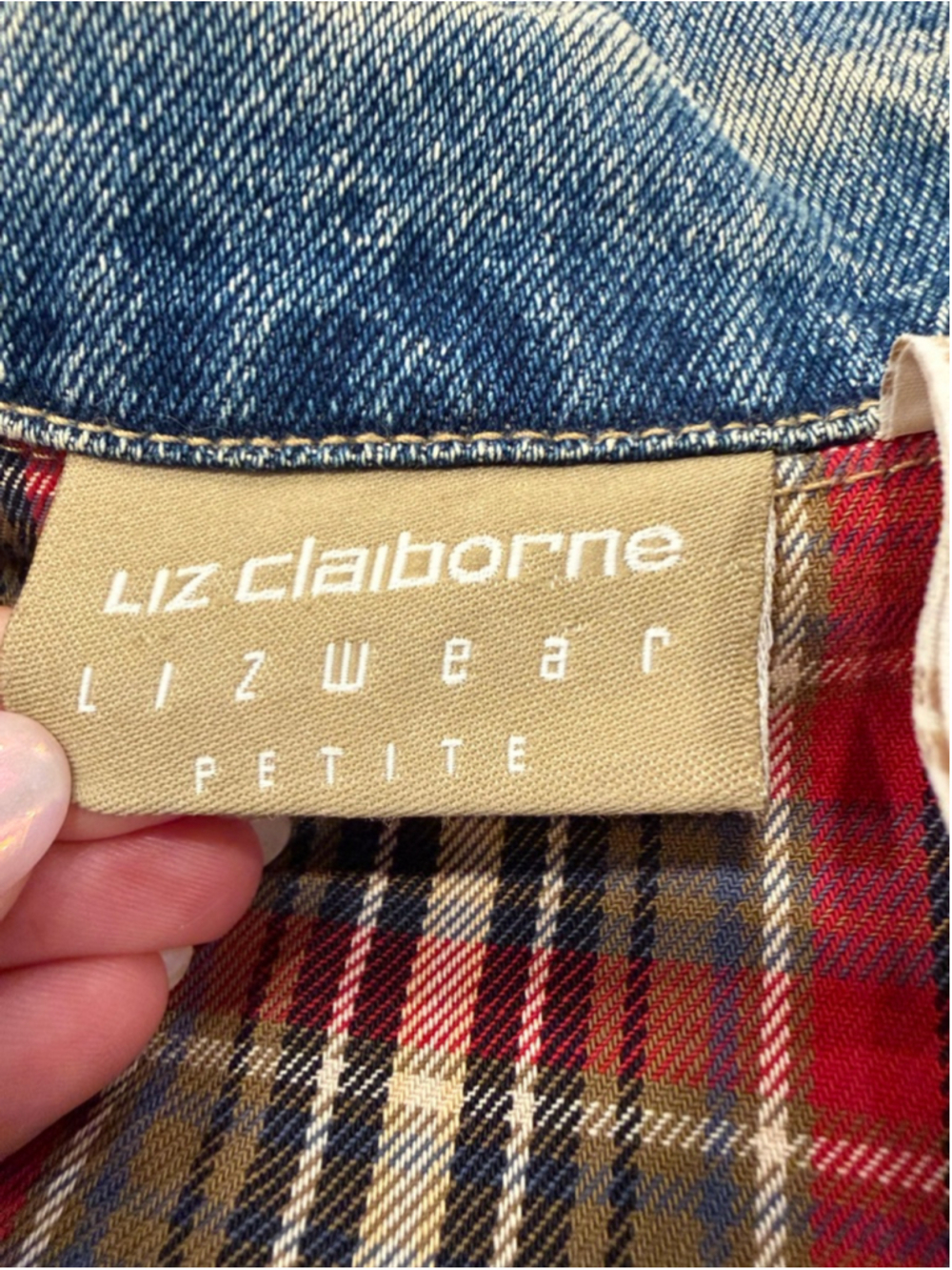 Liz Claiborne Denim Toggle Coat Jacket Plaid Lined Vintage 90s Boho Petite P - Picture 6 of 13